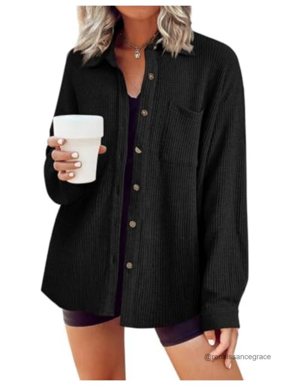 Waffle Knit Button Down Shirt Long Sleeve Shacket with Pocket